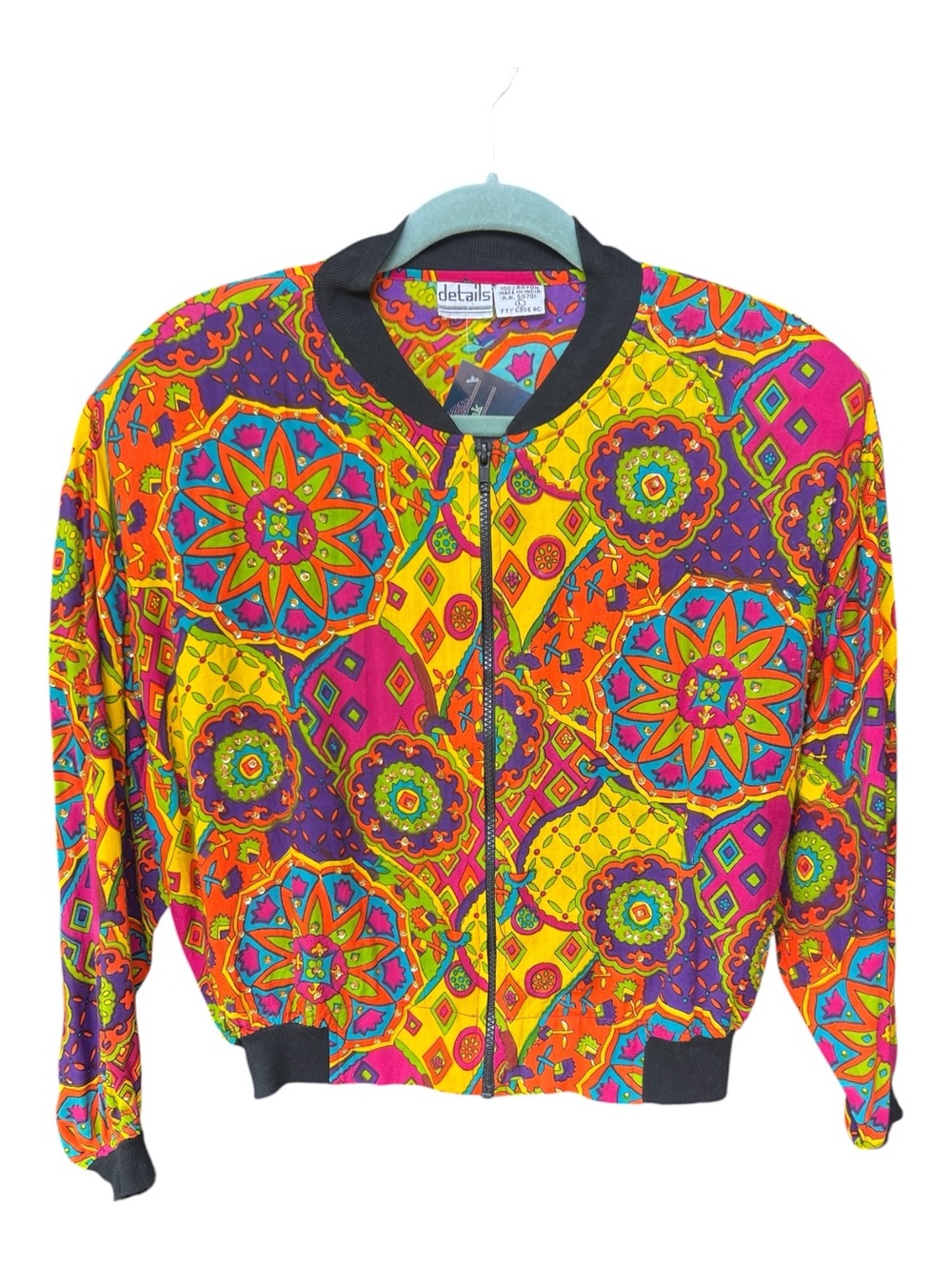 Vintage 90s Mandala Cropped Bomber Jacket | Rhinestone | Multicolor | L